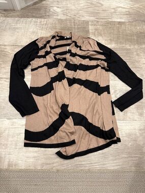 Chico's Black and Tan Open-Front Striped Draped Cardigan